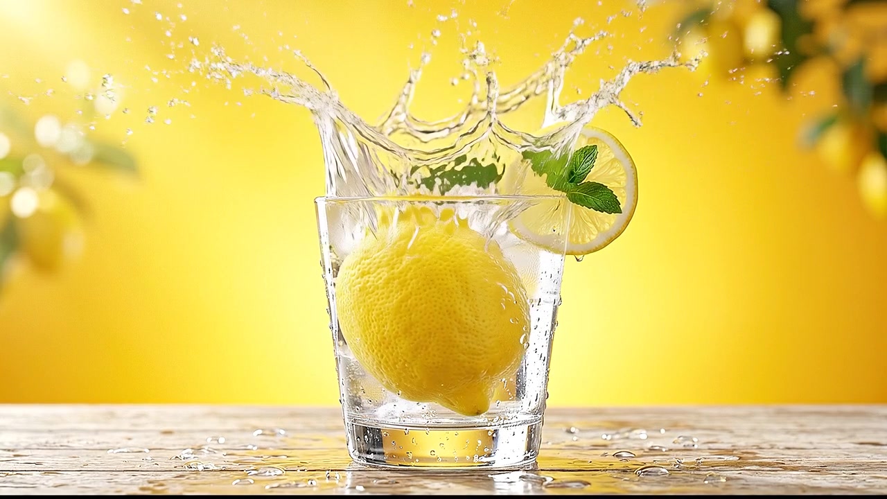Glass of Pure Chilled Water with Ice Cubes and Mint Lemon Slice on Yellow Background