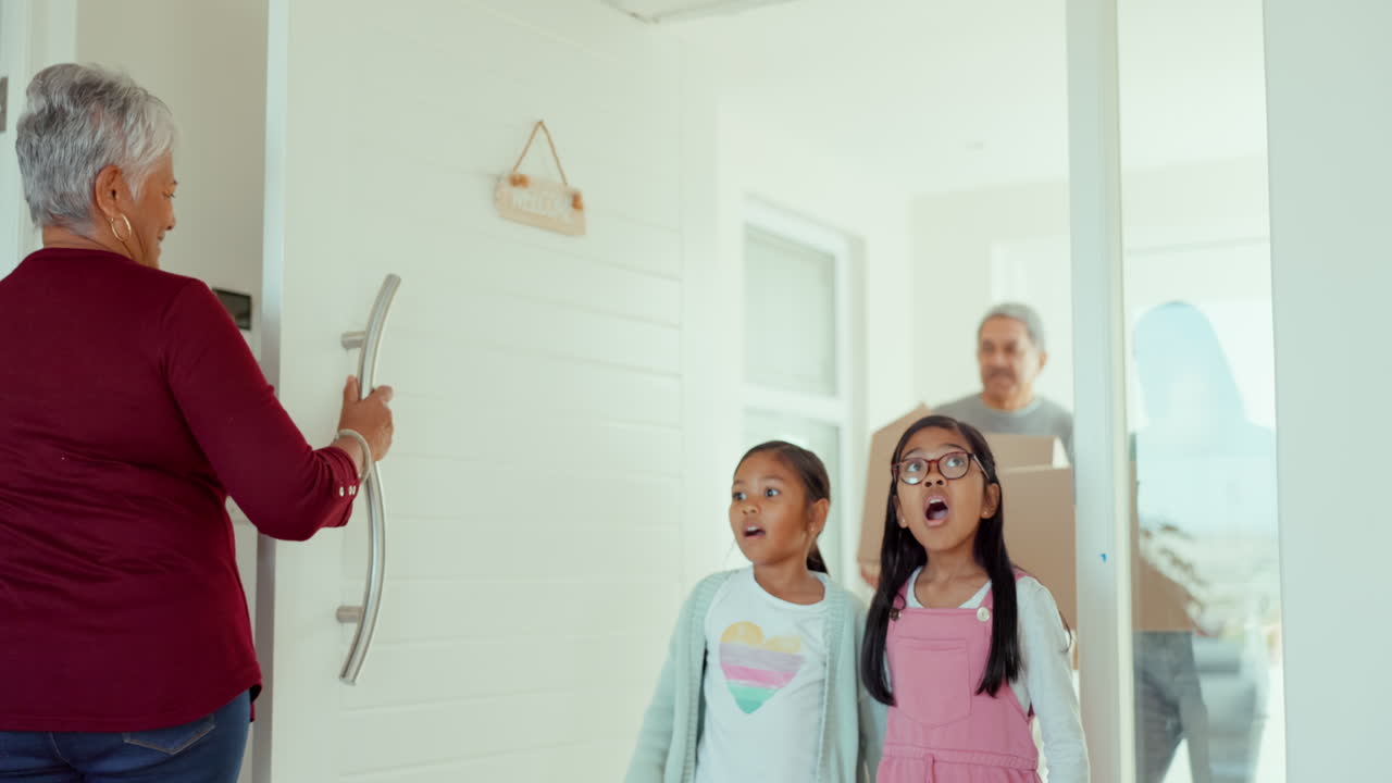 Grandmother, parents or surprised kids moving