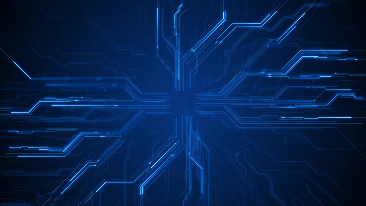 Blue circuit board background glowing chip center diagonal electronic traces technology depth