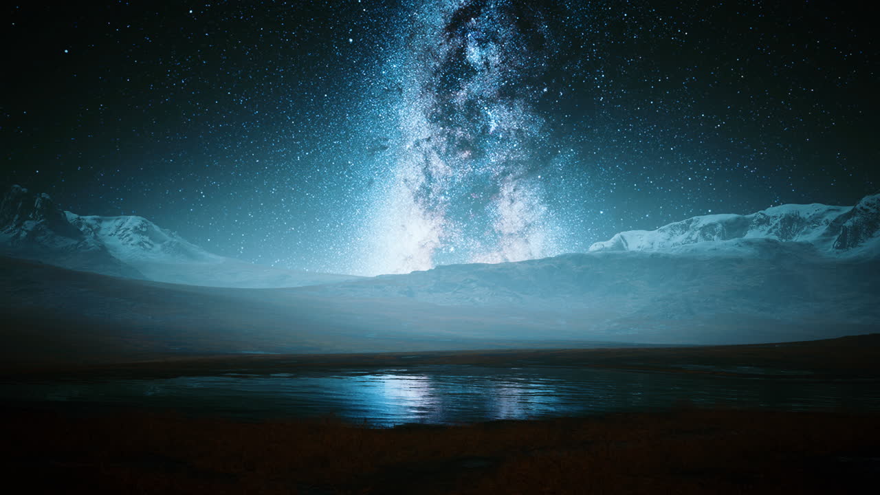 카메라는 은하수를 따라 산을 회전시 ⁇ 니다.