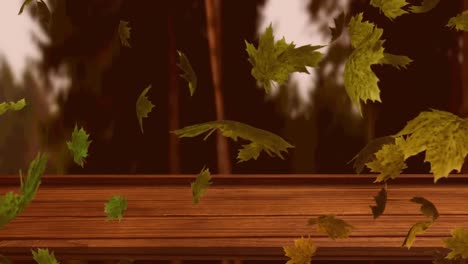 Digital-animation-of-multiple-autumn-leaves-floating-over-wooden-surface-against-forest