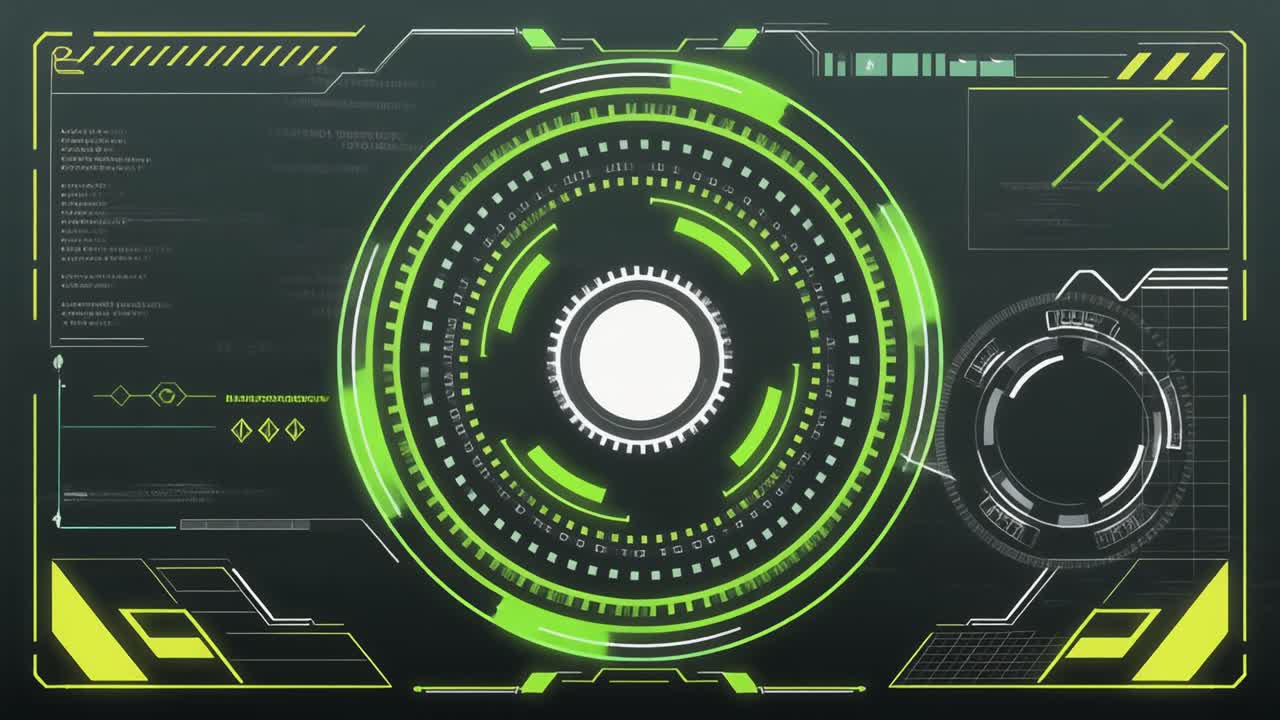 Futuristic HUD Interface with Rotating Green Digital Elements