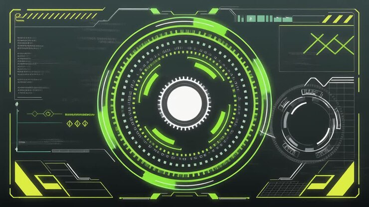Interfaccia HUD futuristica con elementi digitali verdi rotanti