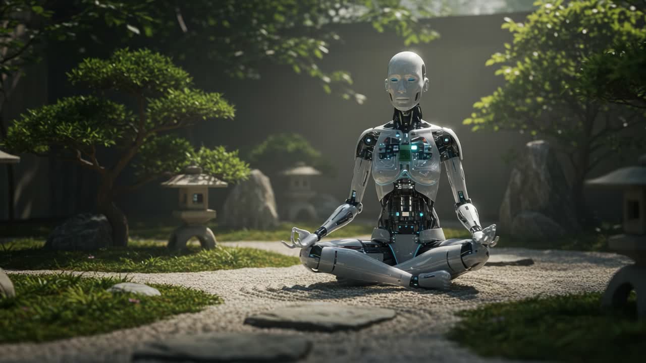 A Tranquil Robotic Being Meditates in a Serene Garden, Highlighting the Fusion of Technology and Nature Through a Calm and Peaceful Aura