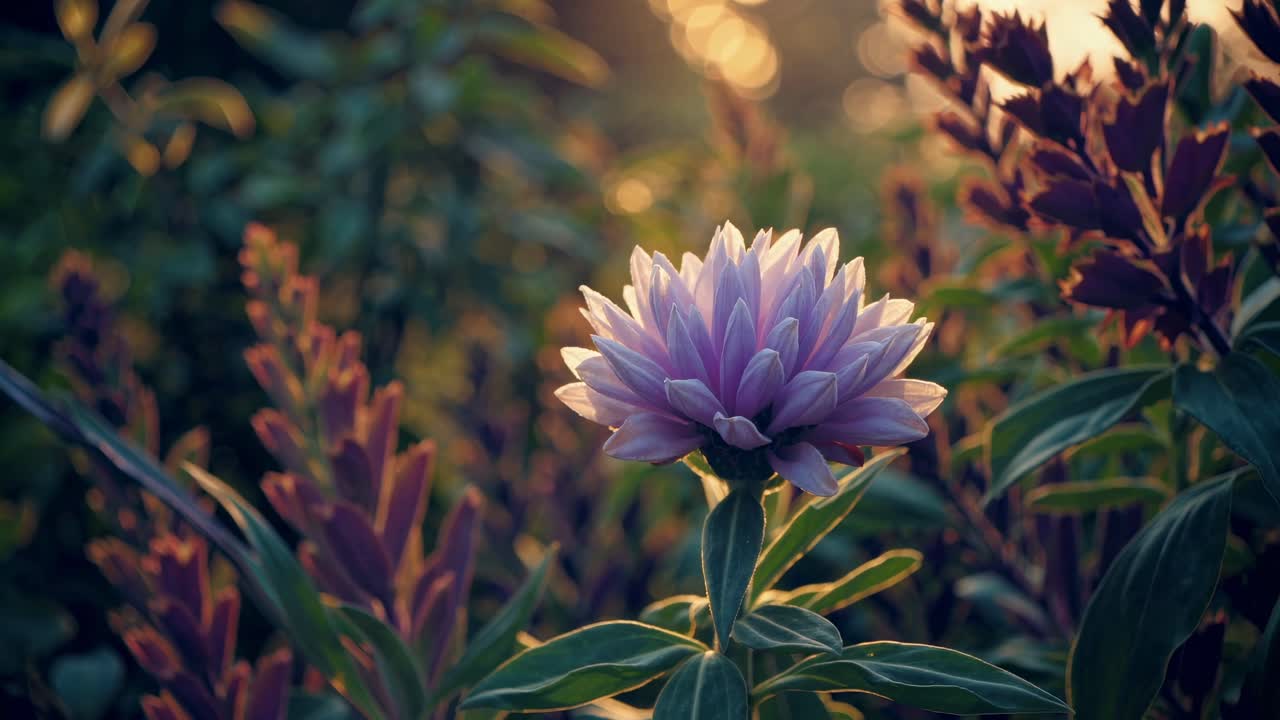 Close-up video shot of a blooming flower at sunrise, capturing warm sunlight and soft focus