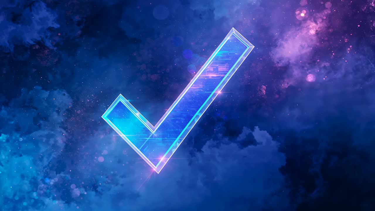 Starting sequence showing neon check mark pulsing in nebula with drifting scanline, magenta sparks