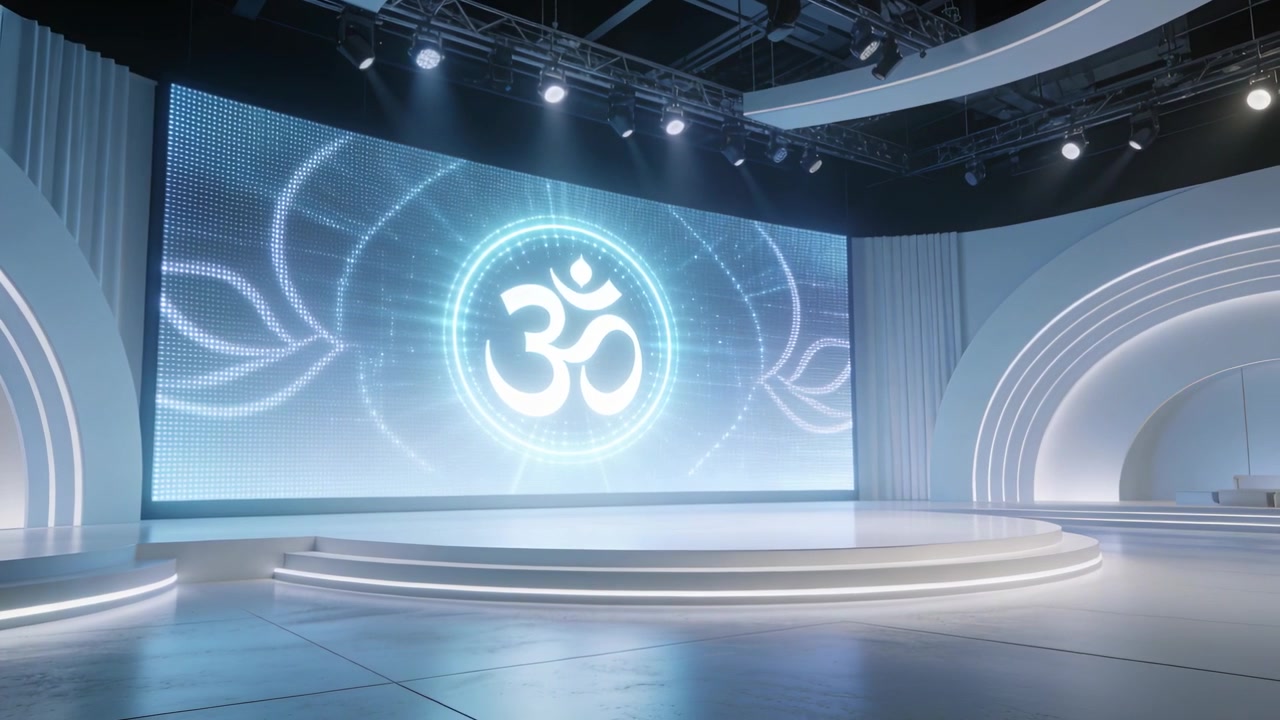 Lighting cue starting curved LED wall and round stage pulsing for event in studio, Om glowing
