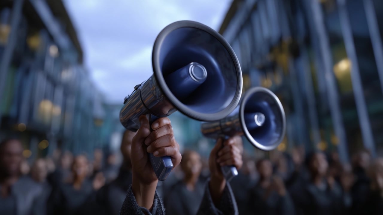 Persone che tengono megafoni all'aperto, unite in un'espressione collettiva, enfatizzando comunicazione e coinvolgimento in un significativo raduno sociale.