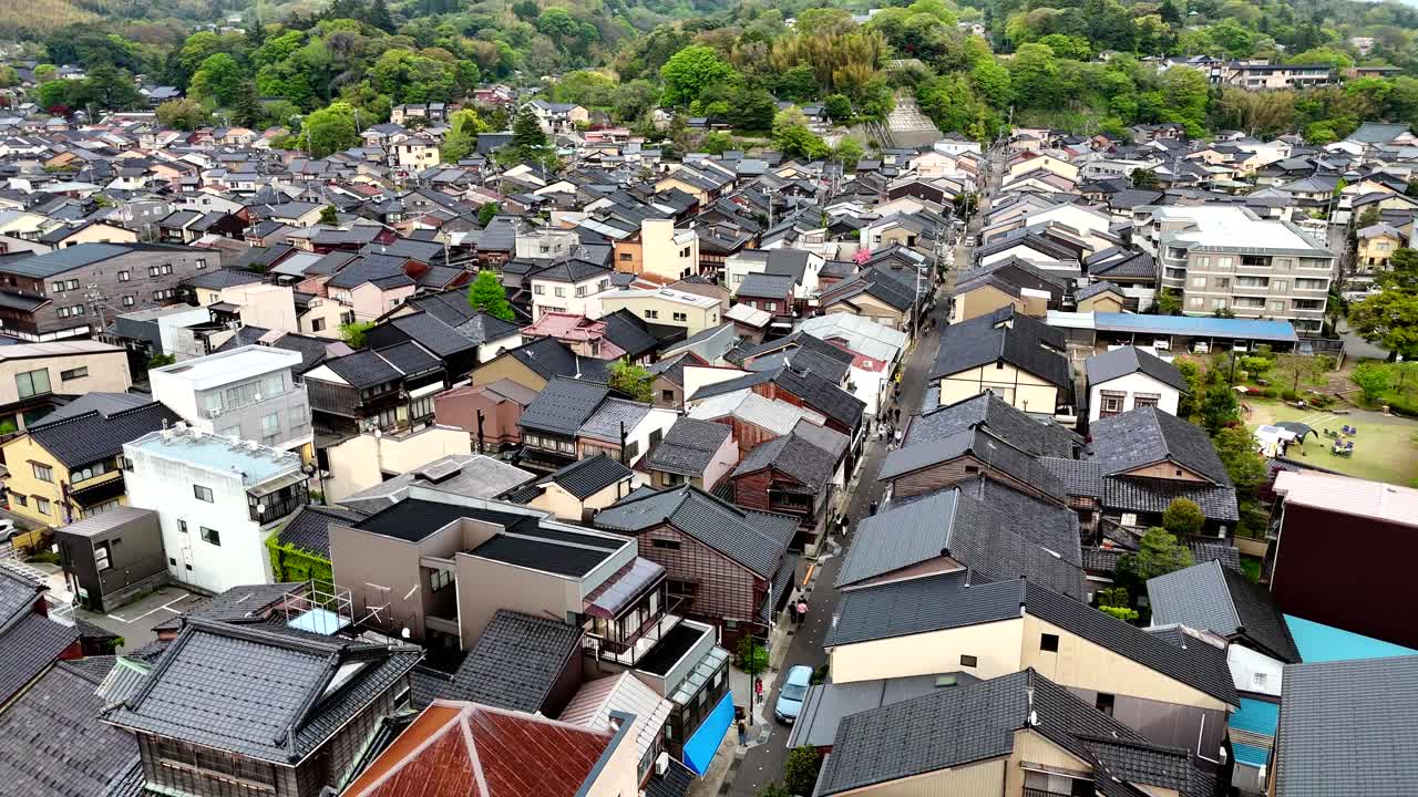 Drone video of Kanazawa, Japan, street entrance of geisha district