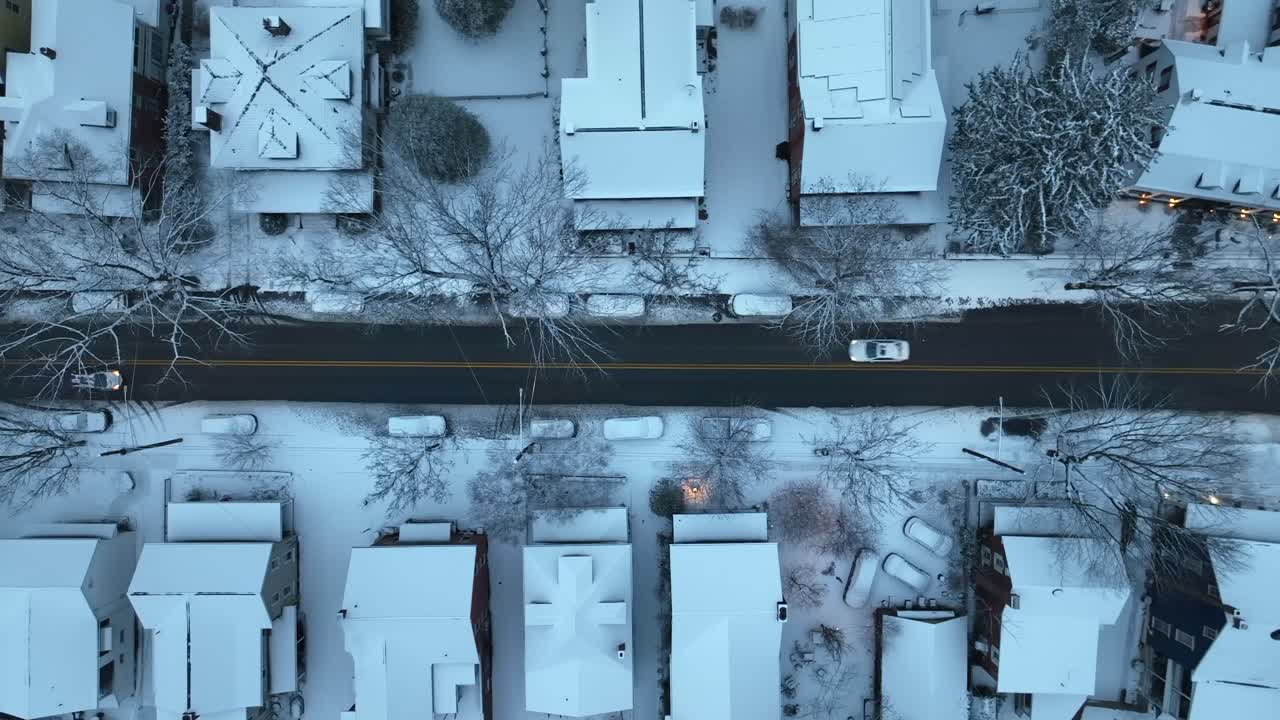 신선한 눈 코트는 미국 도시 마을의 나무