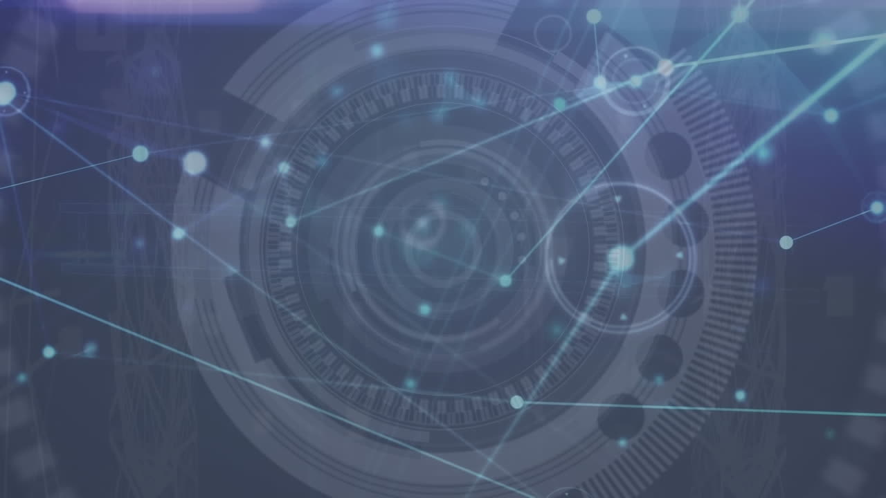 Animation of illuminated connected dots and radar screens on abstract background