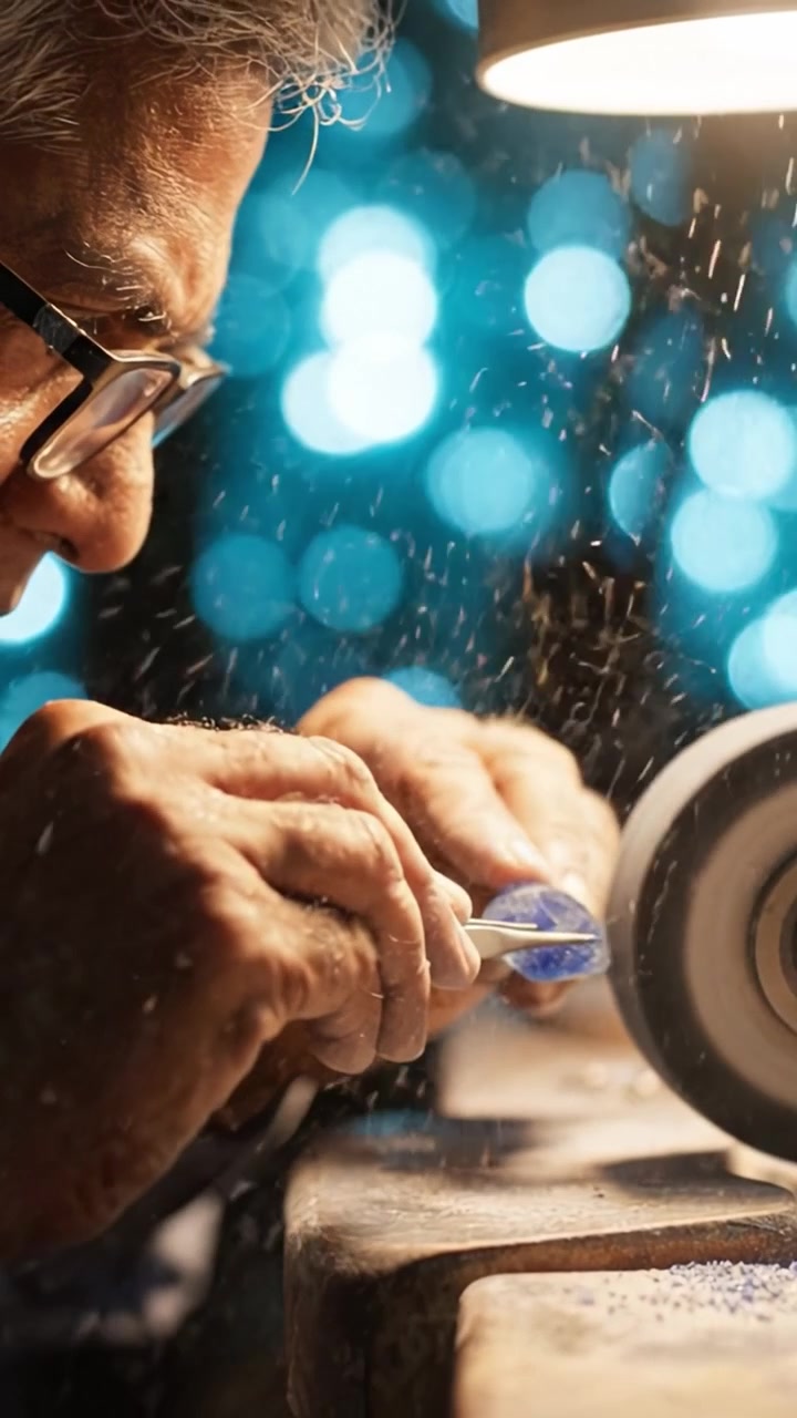 Artisan carefully polishing a blue gemstone with precision tools under a softly glowing lamp, highlighting skilled craftsmanship and attention to detail in the process.