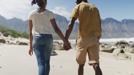 rear view of african american couple holdings hands and walking at the beach