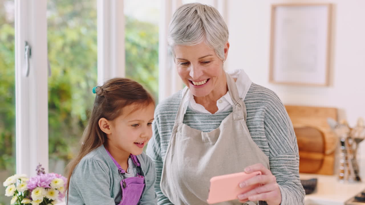 Family, phone and grandmother with girl on video