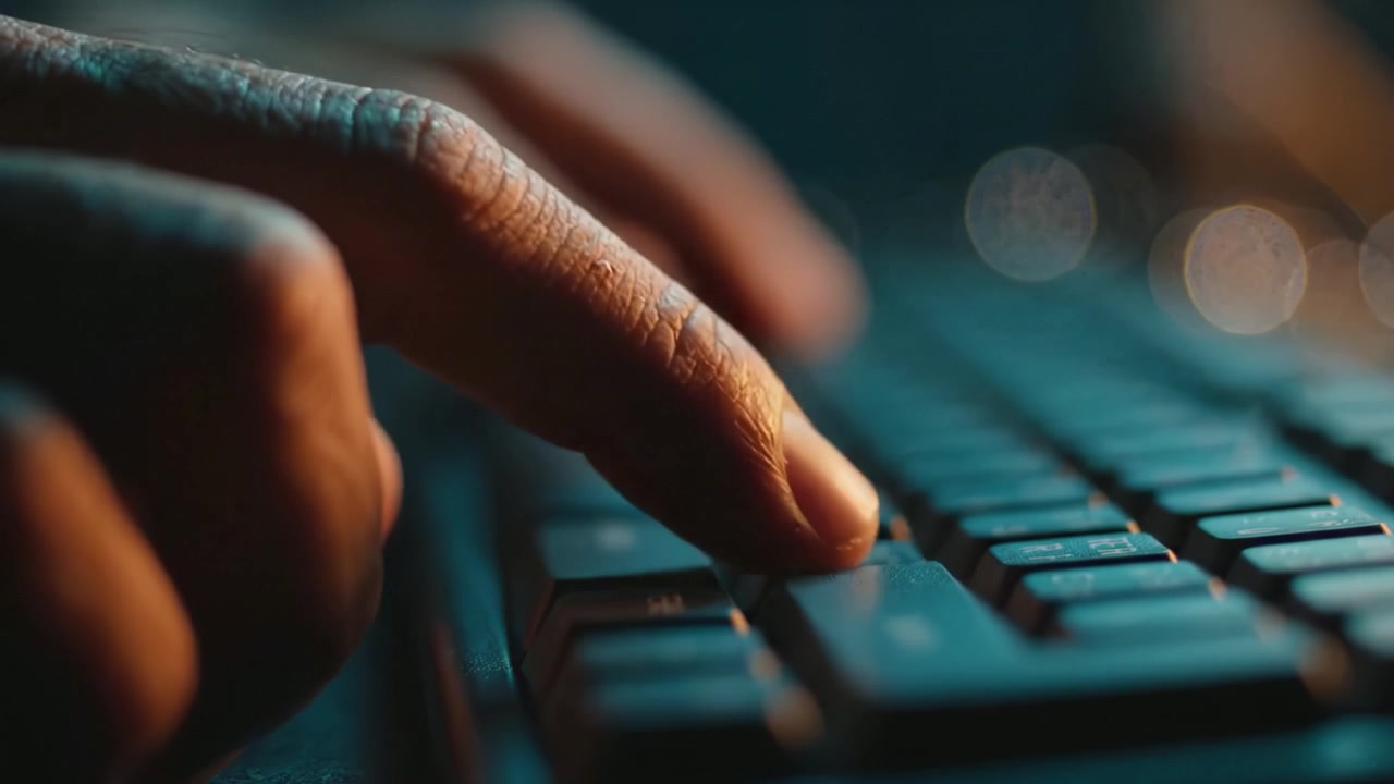 Close-up Shot of a Hand Interacting with a Keyboard in a Low-Light Environment, Highlighting the Detailed Texture and Light Reflection on the Keys