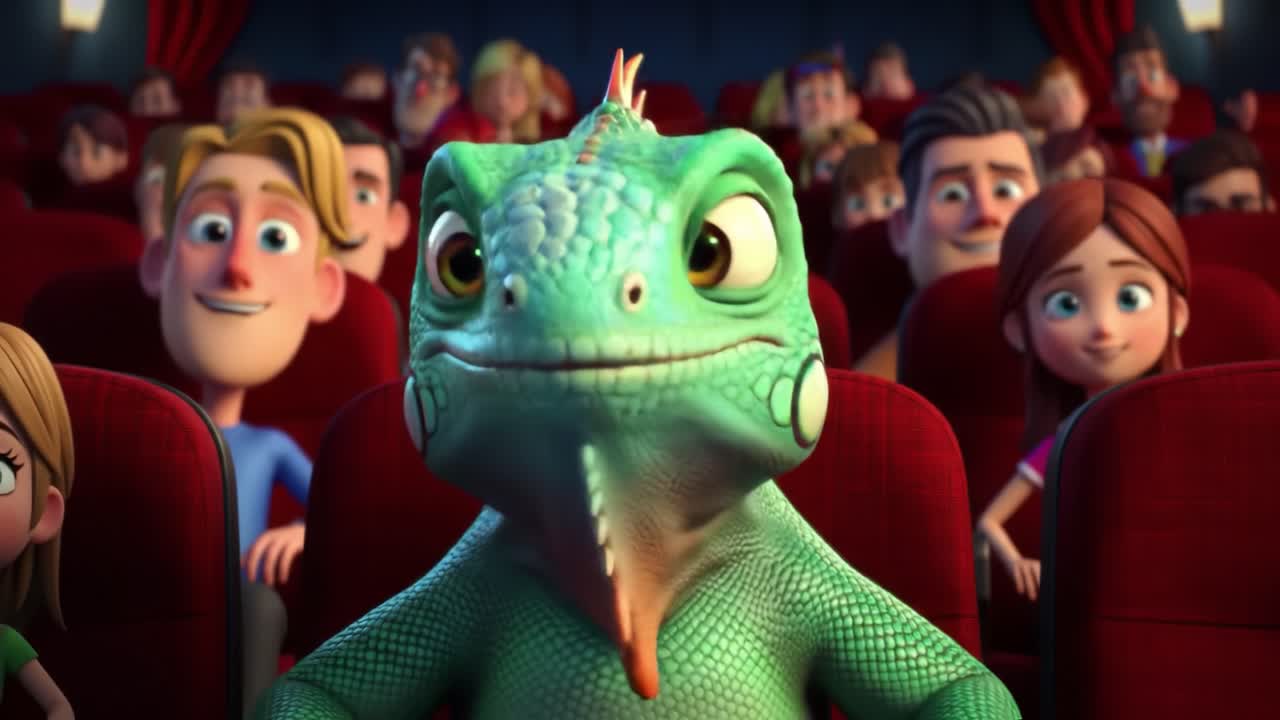 A Colorful Animated Lizard Captivates the Audience in a Vibrant Movie Theater, Evoking Laughter and Curiosity Among Viewers in this Engaging Scene
