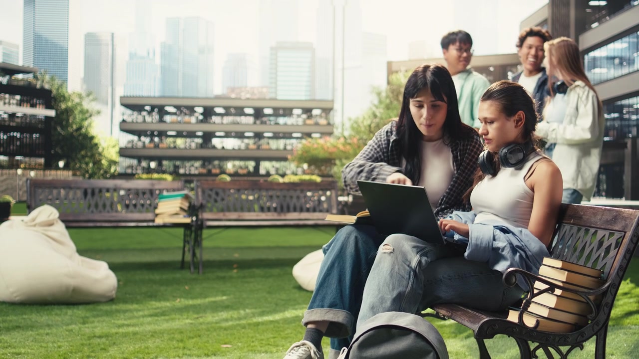 Students discussing notes beside laptop on campus bench