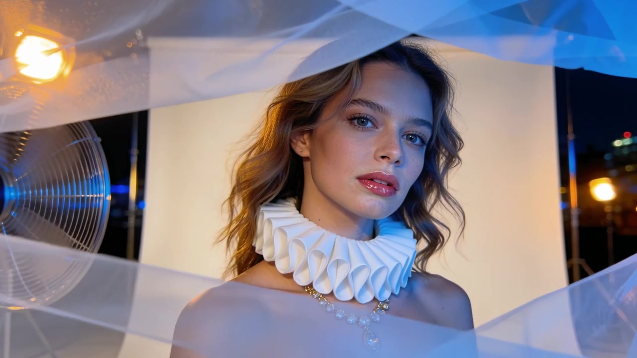 Modella femminile che si gira e aggiusta la posa senza spalline in studio per uno scatto di gioielli, con un ventilatore che muove il tulle.