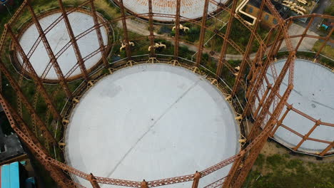 ariel view of the top of the old decommissioned victorian gas holders in bethnal green, london