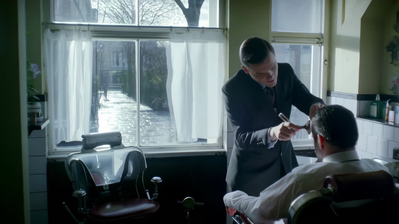 Barber giving a haircut in a traditional barbershop