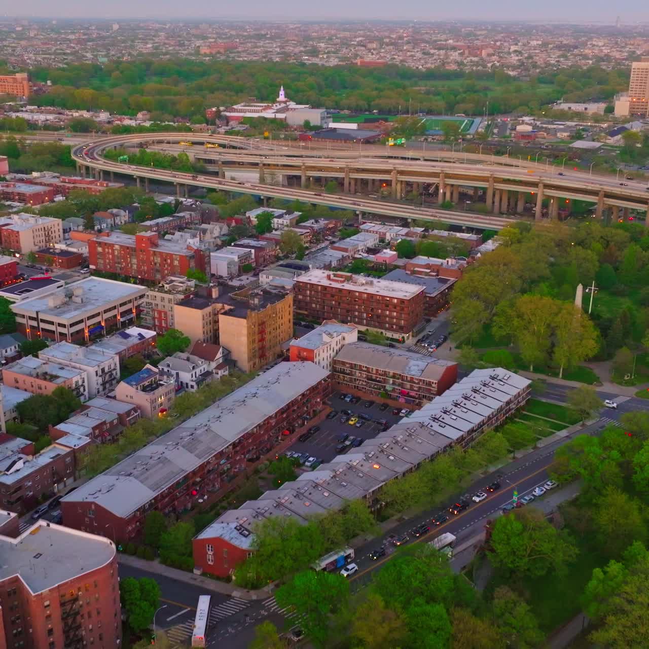 Residential area in New York city. Numerous roads and motorways crossing the neighborhood