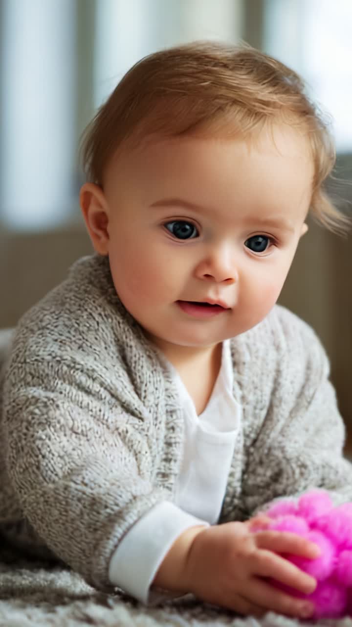 Un bebé adorable jugando con pompones de colores, capturando la curiosidad y la exploración alegre en casa, mostrando momentos preciosos del desarrollo en la primera infancia