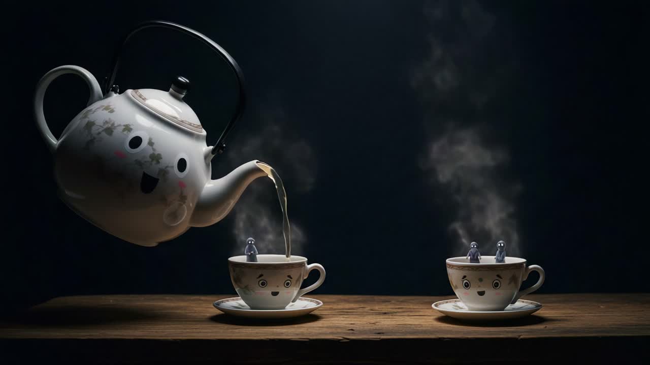 A Heartwarming Scene of a Whimsical Teapot Pouring Steaming Tea into Cheerful Cups, Inviting Warmth and Delight While Creating a Magical Atmosphere