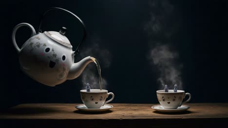 a heartwarming scene of a whimsical teapot pouring steaming tea into cheerful cups, inviting warmth and delight while creating a magical atmosphere