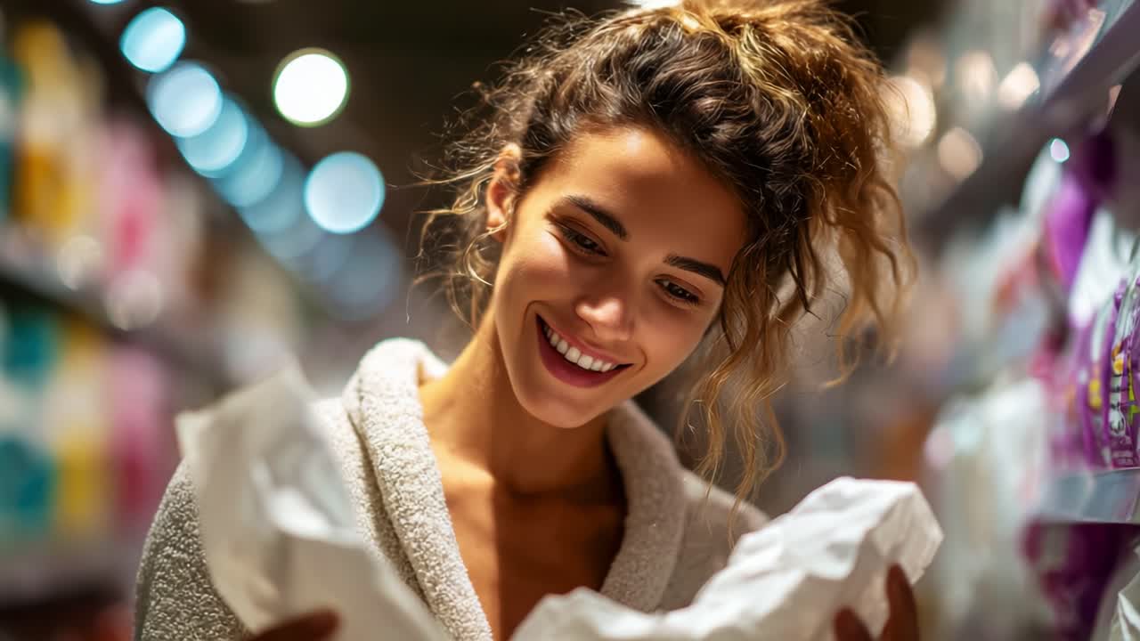 Captivating Moments: A Woman's Genuine Expression of Delight While Examining a New Item in a Retail Store Aisle Surrounded by Colorful Products and Soft Lighting