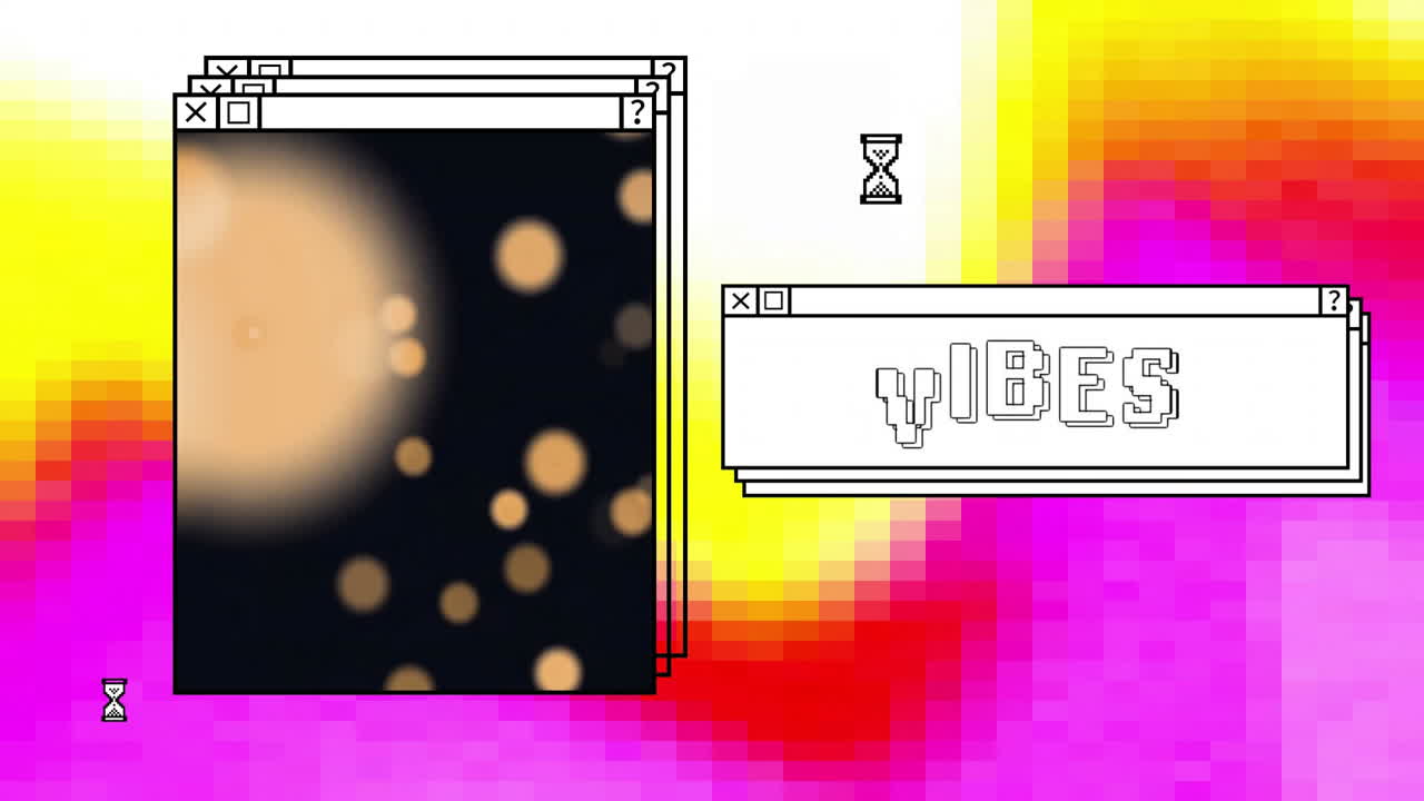 Animation of digital interfaces with light spots and vibes text on colourful background