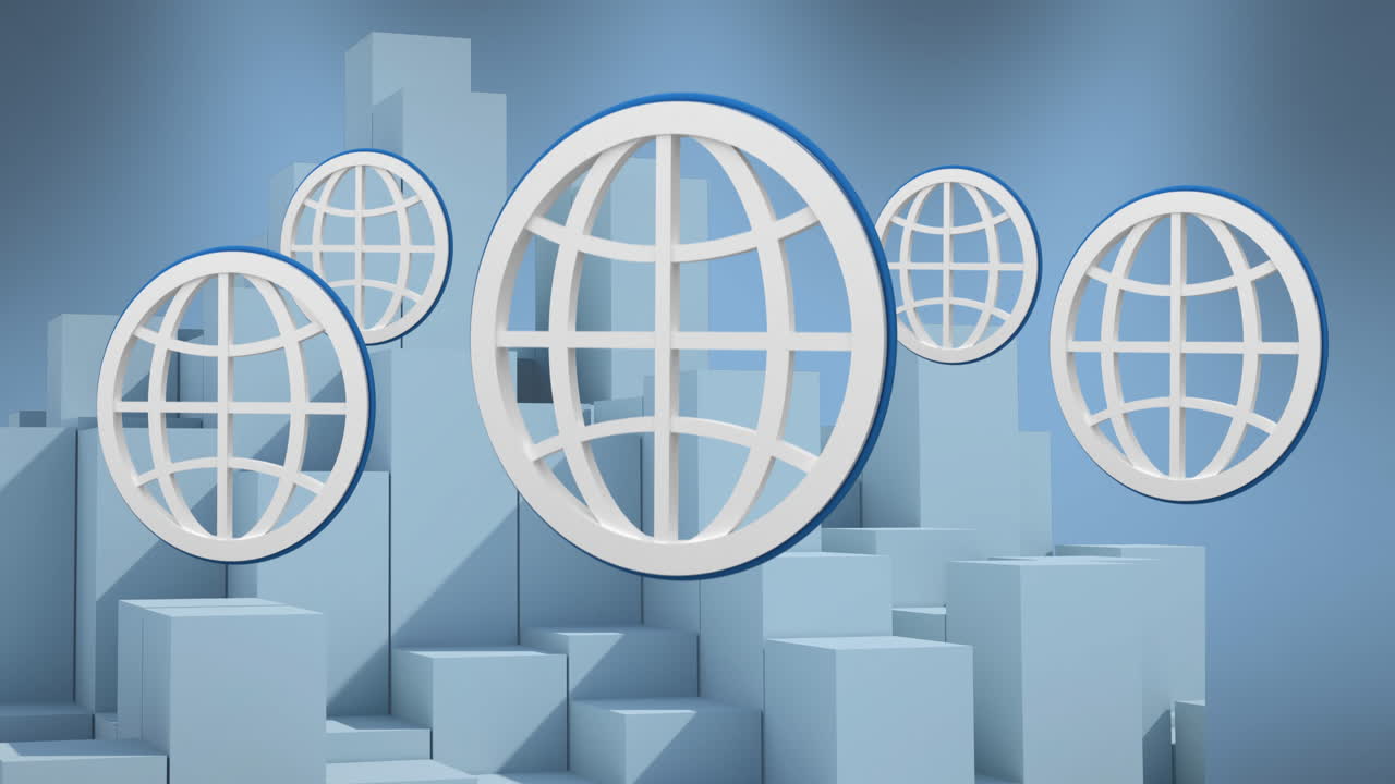 animación de múltiples iconos de globos web flotando sobre la estructura de la ciudad en 3d contra un fondo azul