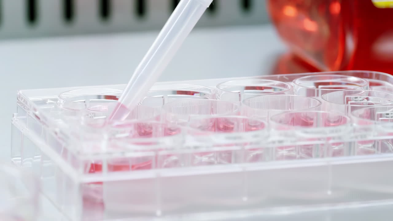 Biological analysis, Scientist using micropipette putting antibiotics into a cell culture in laboratory research details. Researcher hand holding microplate for biomedical research.