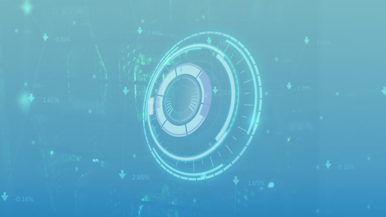 Animation of purple shapes over scope scanning and arrows on blue background