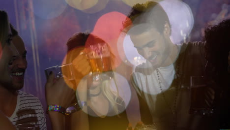 group toasting with beer mugs in bar, featuring bokeh light overlays and marketing graphics