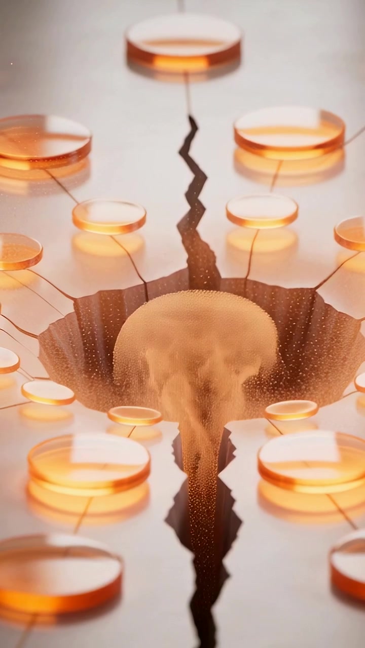 Vertical video: Ejecting central crack emitting particle vortex at table, light heating amber discs