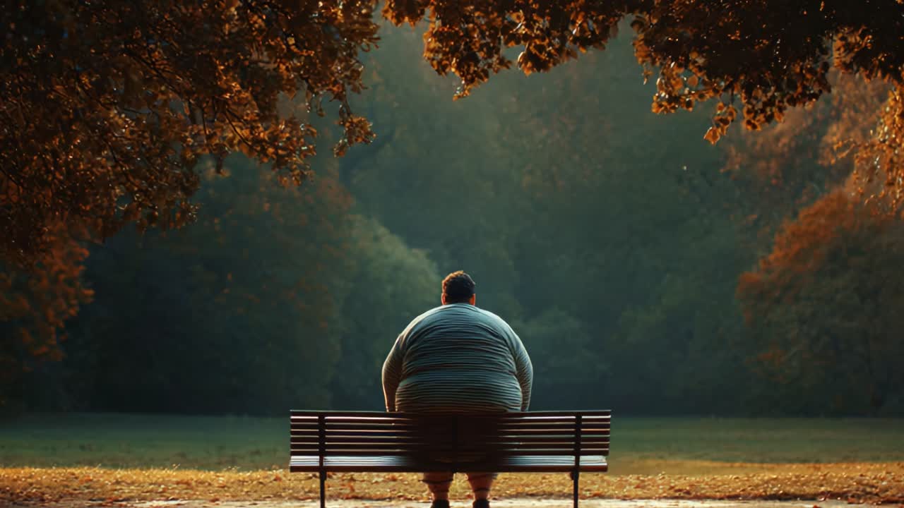 A solitary figure contemplates life on a park bench surrounded by the warmth of autumn's golden light, reflecting on moments of peace in a serene natural setting