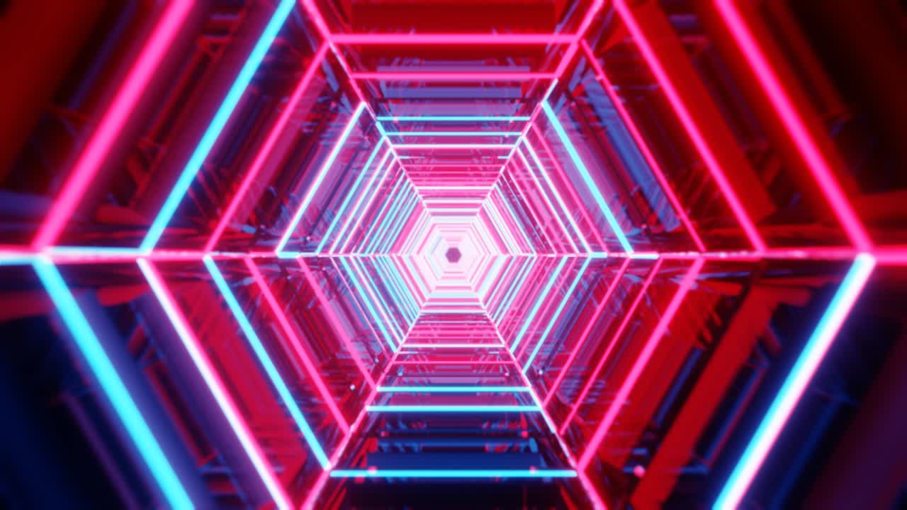 sfondo al neon astratto. volare attraverso il corridoio di esagoni. animazione 4k senza soluzione di continuità.