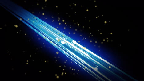 Animation-of-yellow-spots-over-glowing-blue-light-trails-against-black-background-with-copy-space