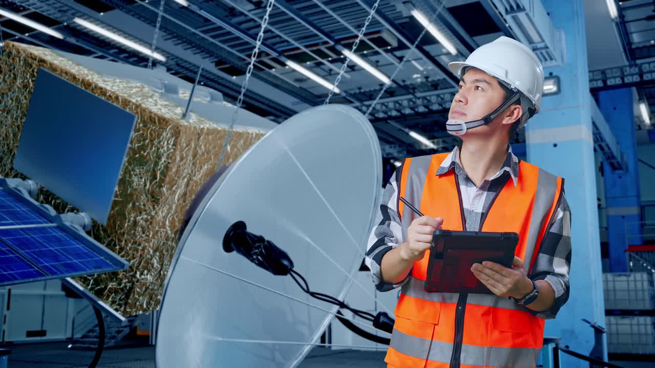 ingeniero inspeccionando equipos de satélites y paneles solares