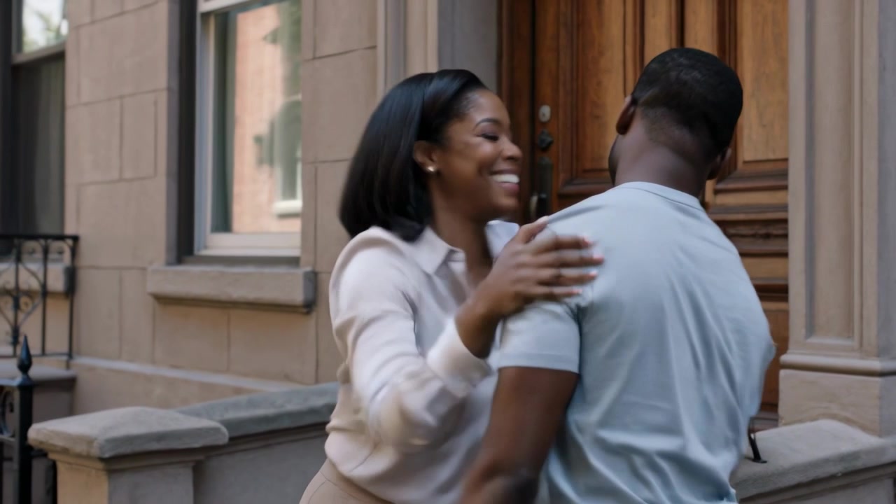 Hugging woman greeting man arriving with shoulder strap on stone stoop, then pulling back speaking