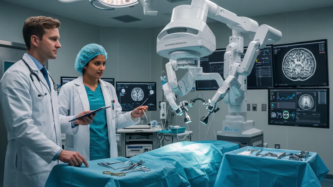 In an advanced surgical room, a male and female doctor discuss a complex procedure while analyzing brain scans displayed on multiple screens, showcasing the fusion of medical technology and teamwork