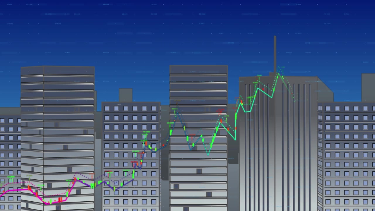 Animazione di grafici finanziari su grattacieli in uno spazio blu
