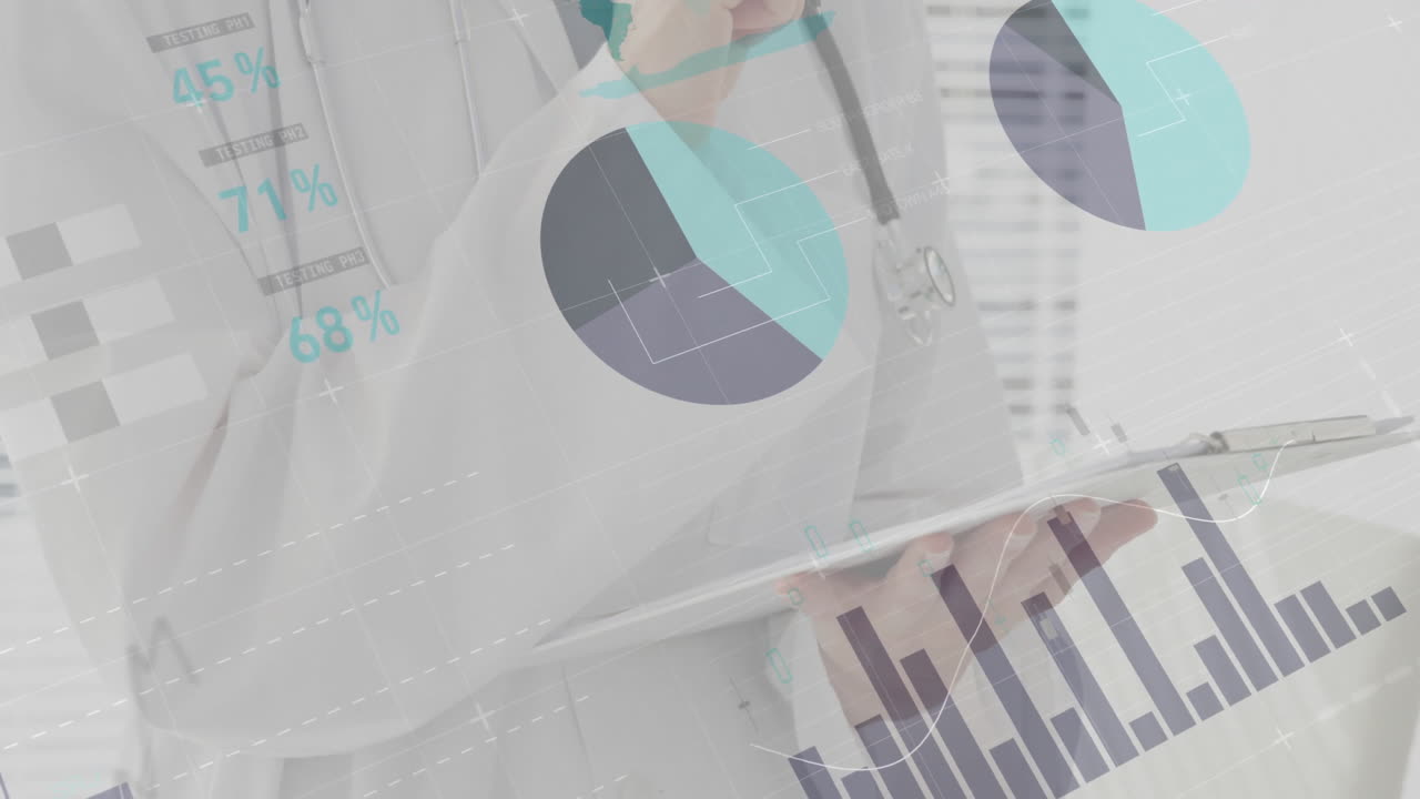 Animation of statistics and data processing over caucasian female doctor writing