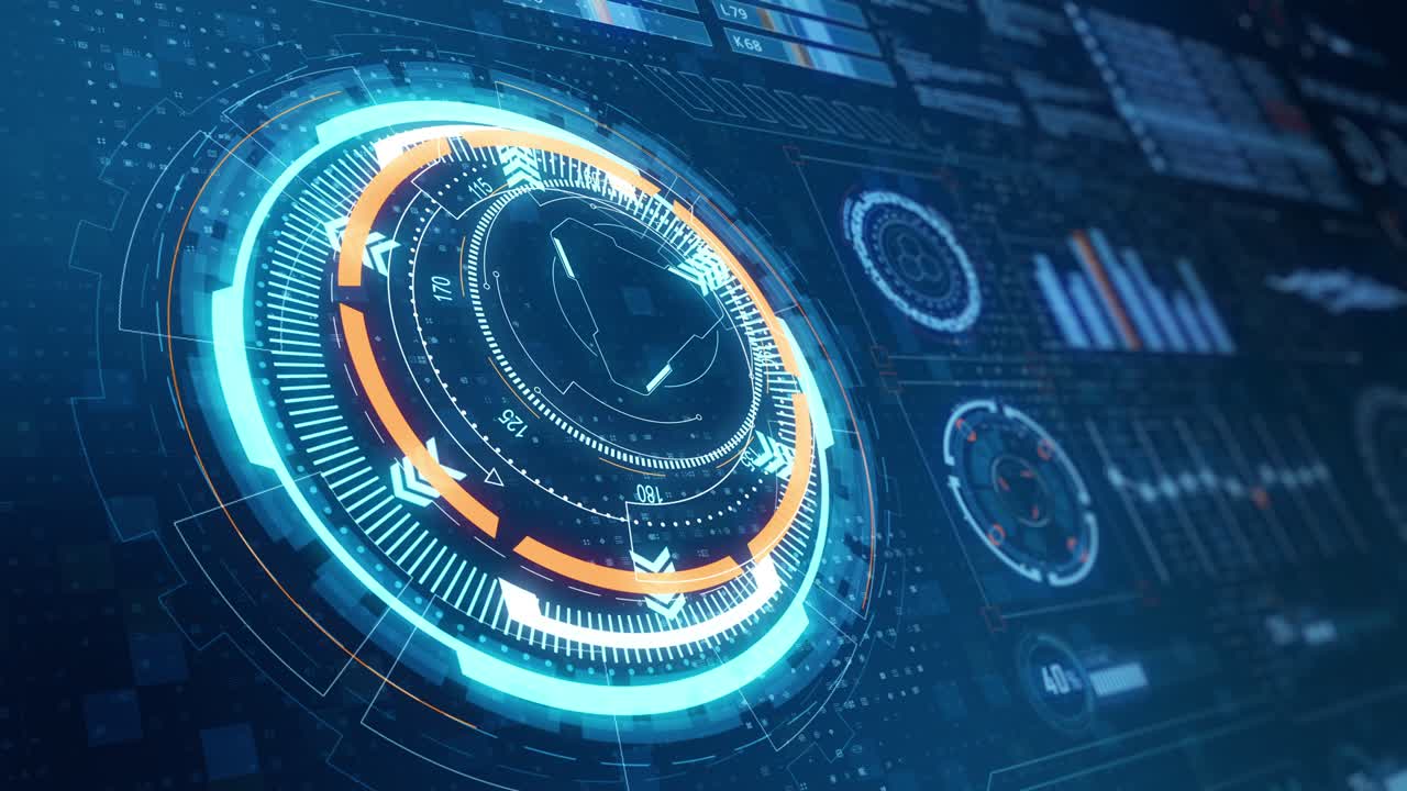 Grafica in movimento di schermo di interfaccia tecnologica head-up display (HUD UI) con elementi 3D futuristici, grafico e pannello di chat