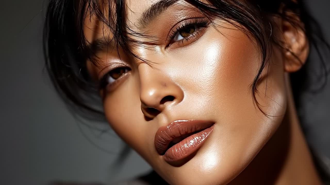 Un primo piano del volto di una donna con un rossetto marrone