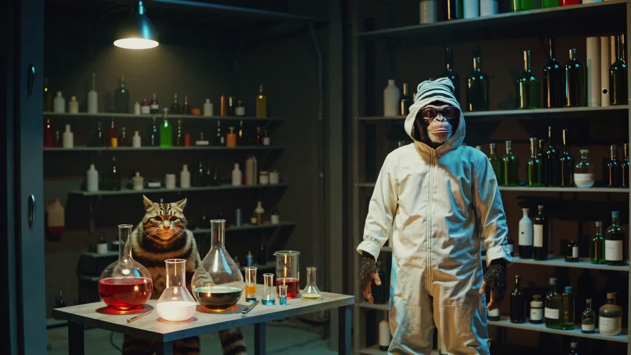 chimpancé y gato en un laboratorio de científico loco