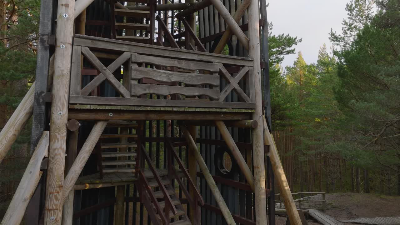 소나무 숲, 북유럽 삼림 지대, 숲길, 화창한 저녁, 황금 시간 빛, 오름차순 드론 샷 한가운데 있는 현대적인 보트 모양의 전망대의 조감도