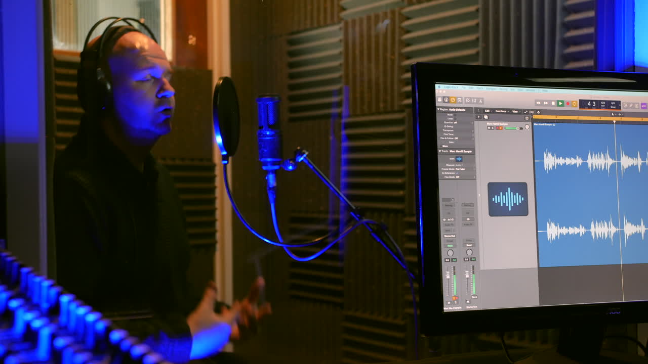 un hombre está grabando una voz de podcast en una cabina vocal de estudio de grabación hablando en un micrófono con escudo pop