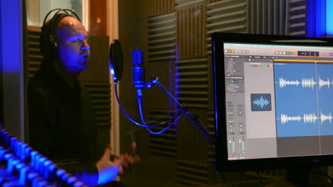 un hombre está grabando una voz de podcast en una cabina vocal de estudio de grabación hablando en un micrófono con escudo pop