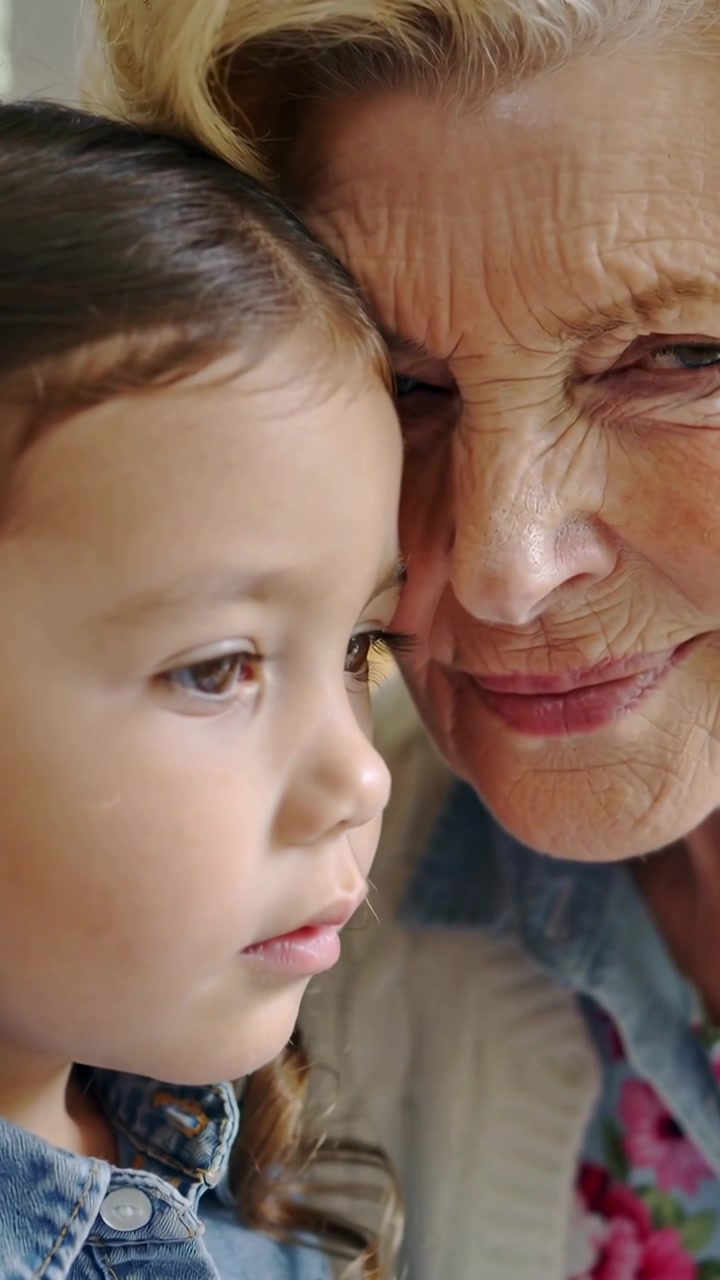 Video verticale: Un bambino guarda, appoggiato alla nonna che preme la guancia contro la finestra, mostrando calore, denim e maglia.